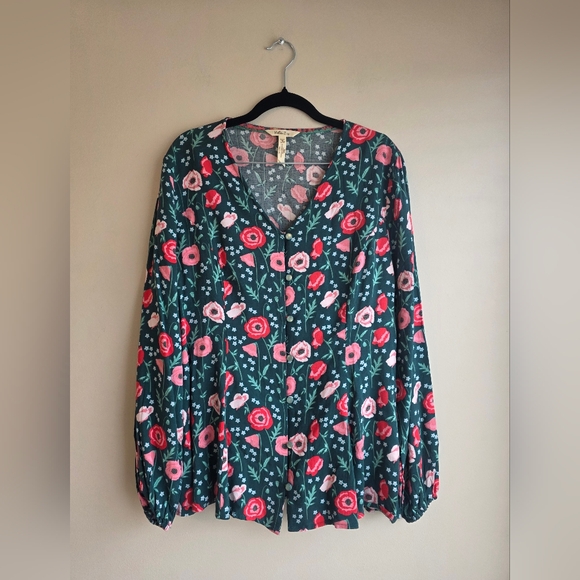 Matilda Jane Teal Floral V-Neck Blouse with Pink & Red Flowers - Picture 3 of 11